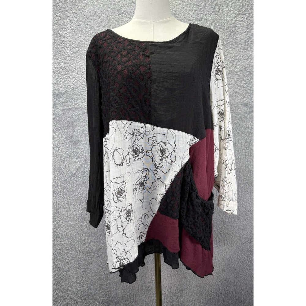 Ali Miles Women's 1X Floral Lace Print Tunic Top Multicolor Knit 3/4 Sleeve Boho